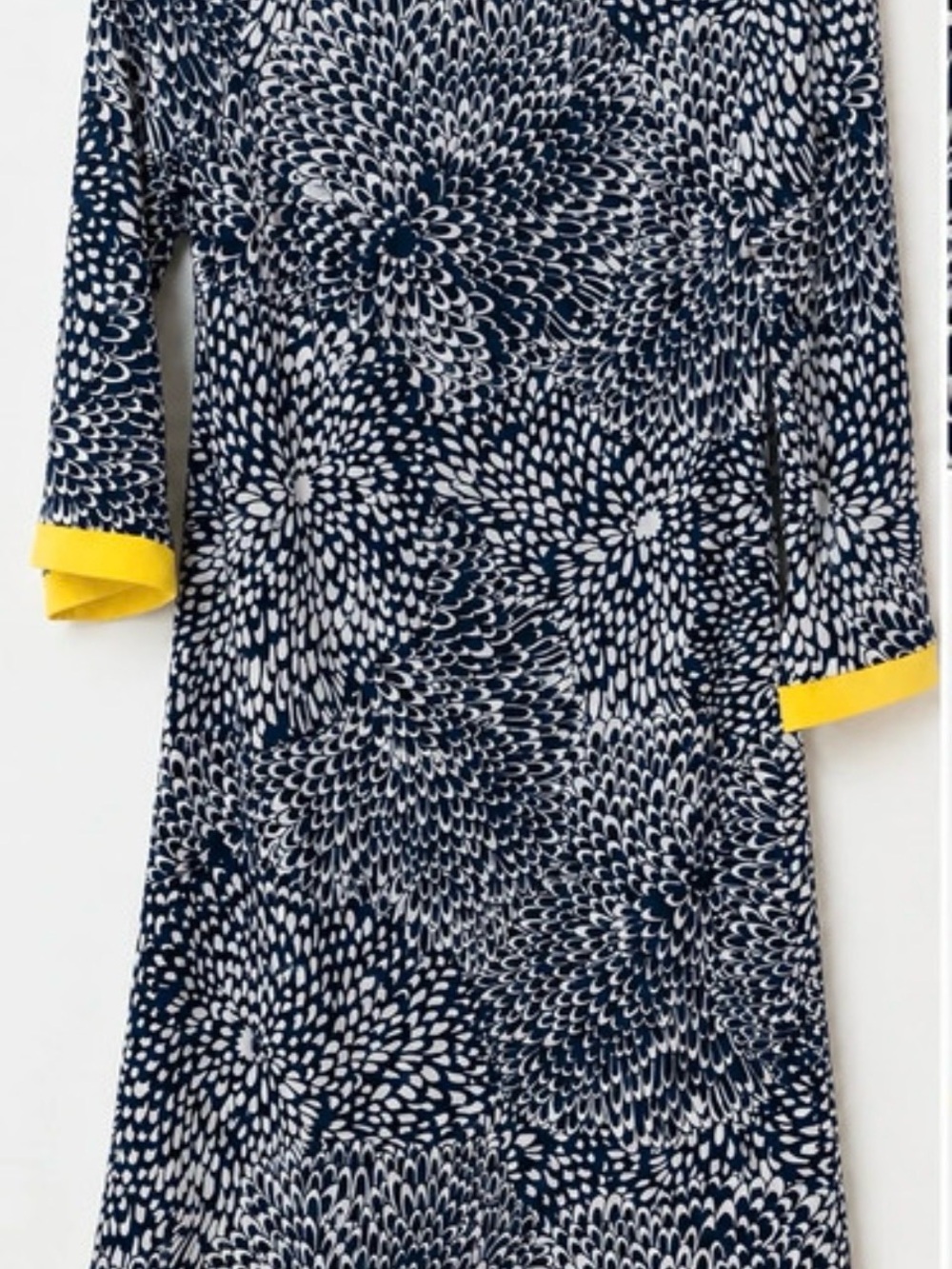 Christopher & Banks Navy and White Floral-Print Dress with Yellow Cuff Trim